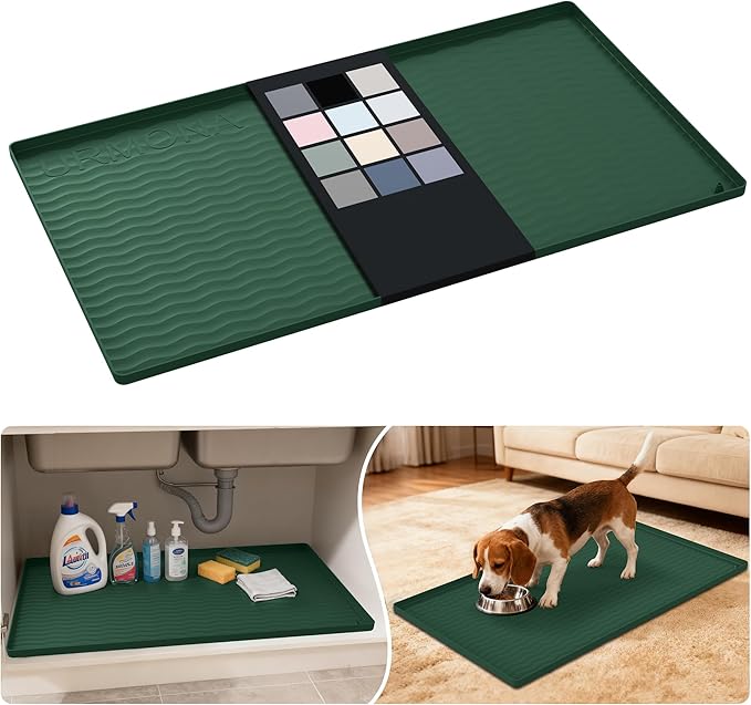 URMONA Waterproof Silicone Under Sink Mat 34'' x 19'' Shelf Liner for Kitchen and Bathroom, Cabinet and Counter Protector, Storage and Organizers, Litter Mat, Pet Cat Puppy Essentials(Green)