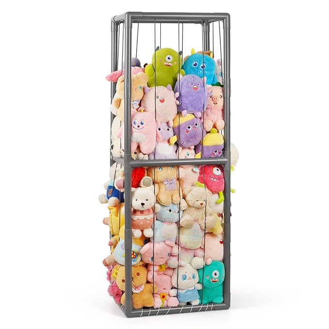 Trycooling Stuffed Animal Storage Zoo Stuffed Animal Holder Space Save Vertical Stuffed Animals Storage PVC with Elastic Band and Net for Playroom Bedroom Nursery (Grey 1)