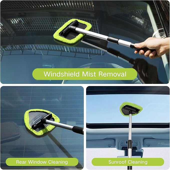 10pcs Windshield Cleaner Tool, Car Window Cleaning Wash Kit with 4 Reusable Microfiber Pads 1 Spray Bottle and Extendable Handle Auto Glass Wiper Kit, Green