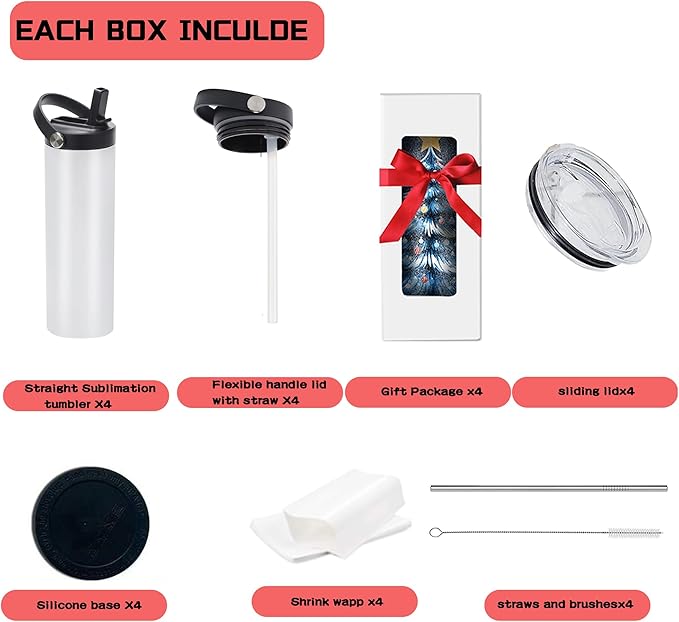 4 Pack 20oz Sublimation Tumblers Bulk, Sublimation Tumbler Blank, Skinny Straight Stainless Steel Blanks Cups with Individual Box(4, HNADLE LID A)