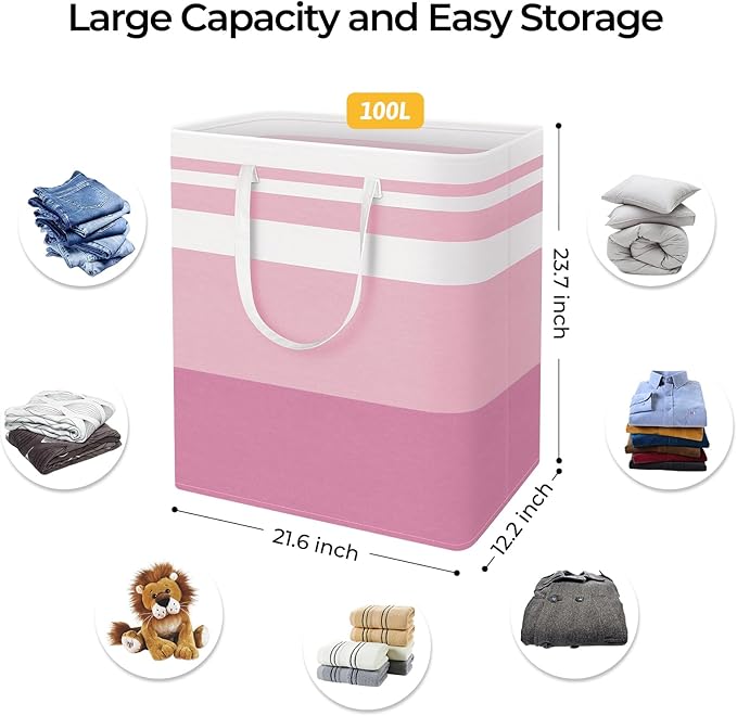 HomeHacks 2 Pack Large Laundry Baskets, Waterproof, Freestanding Laundry Hampers, Collapsible Clothes Hamper with Reinforced Handles in Laundry, College Dorm, Bathroom, Bedroom (Pink, 100Lx2)