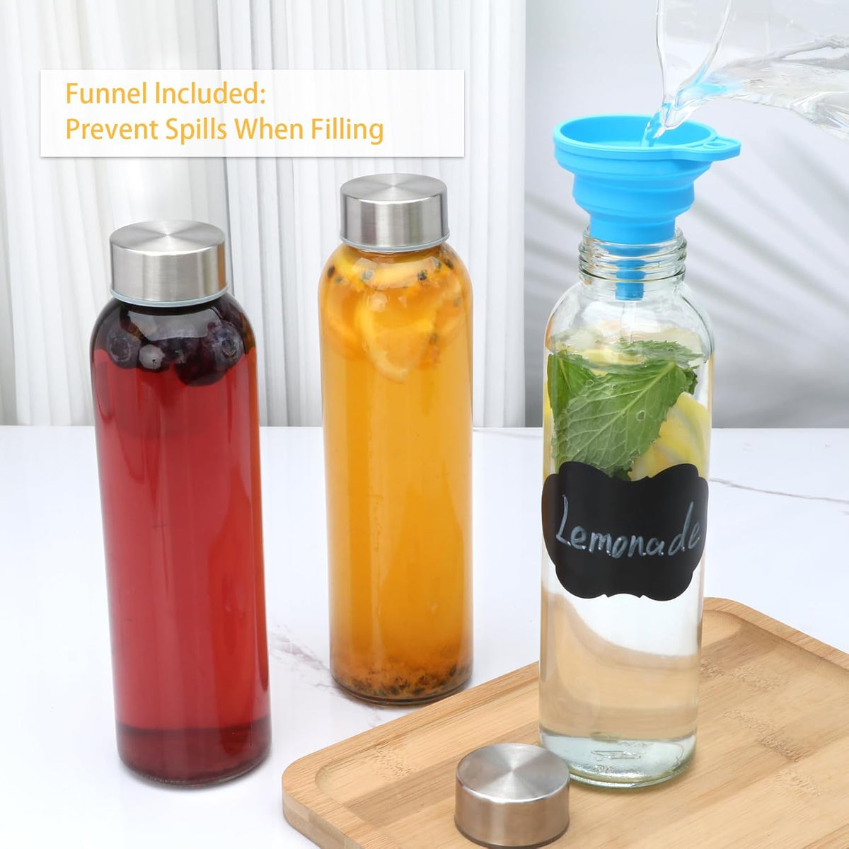 Brajttt Glass Juice Bottle with Lids,16oz Juicing Bottles Reusable, Clear Glass Water Bottles 16 oz with Stainless Steel Airtight Cap,Juice Beverage Container, Leak Proof，Set of 2