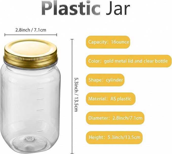 novelinks 16 oz Clear Plastic Jars with Lids, Refillable 16oz Mason Jars with Lids & Storage Containers for Kitchen & Household Use (10 Pack,Gold)