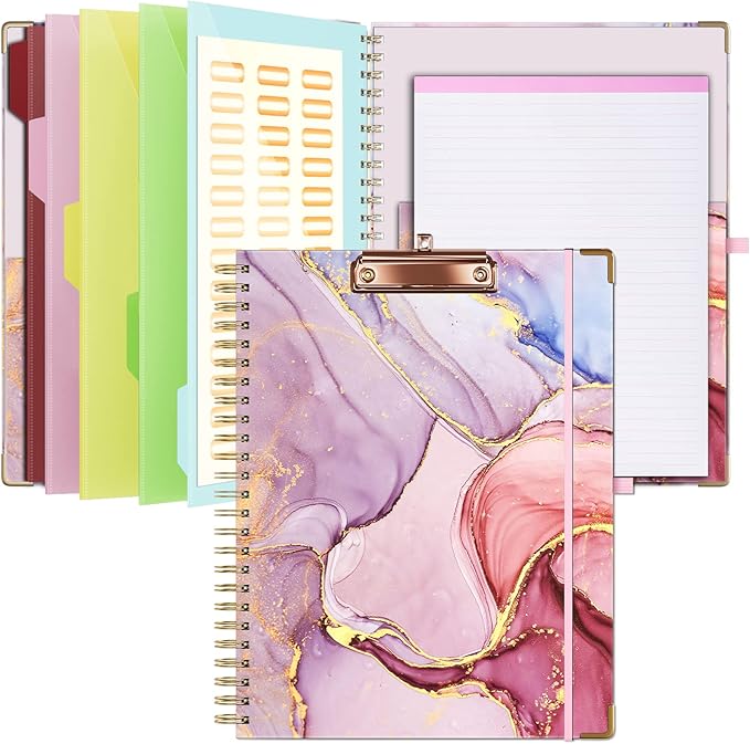Ospelelf Clipboard with Storage 8.5 X 11，Padfolio Organizer, Spiral Portfolio Letter Size with Notepad, Pen Holder, 5 Extra Folder Divider Pages, Elastic Closure Nurse Office Essentials (Pink Marble)