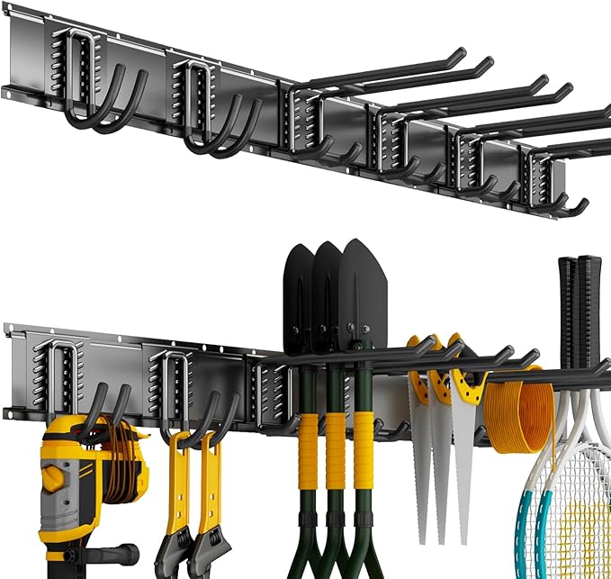 Garage Wall Organizer Wall Mount, 48inch Heavy Duty Garden Tool organizer Storage System, Easy Install With 6 Adjustable Hooks, For Garage, Basement, Shed, Workshop(Black)