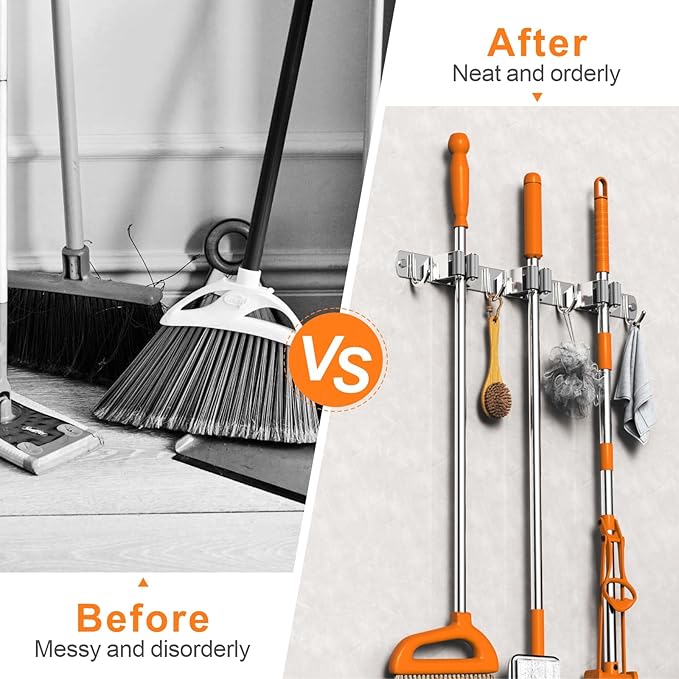 2 Pack Mop and Broom Holder Wall Mount, Non-slip Broom Hanger, Heavy Duty Mop Broom Organizer for Kitchen Garden Garage Laundry Room Wall Decor Organization and Storage Silver 3R4H