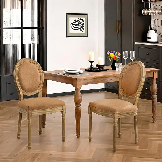 French Country Dining Chairs Set of 6,Farmhouse Upholstered Dining Room Chairs with Round Back and Solid Leg,Fabric Kitchen Side Chairs for Kitchen/Bedroom/Dining Room,Tan