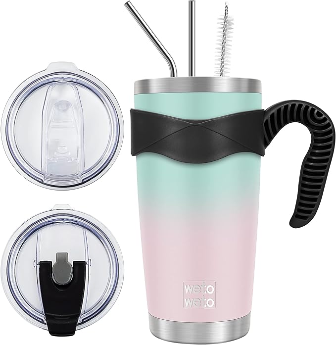 WETOWETO 20oz Insulated Stainless Steel Tumbler, Coffee Tumbler with 2 Lids and 2 Straws, Double Wall Vacuum Leak-proof Travel Coffee Mug, Powder Coated Water Cup (Green-Pink Gradient, 1 Pack)