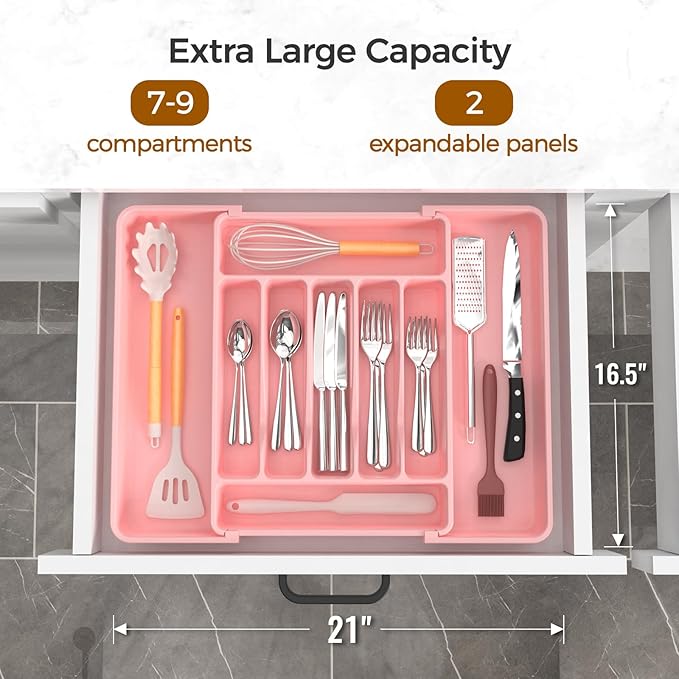 Extra Large Expandable Silverware Organizer, BPA-Free Food-Safe Cutlery Flatware Organizer, Kitchen Utensil Drawer Organizer, Adjustable Silverware Holder for Spoons Forks Knives, Pink