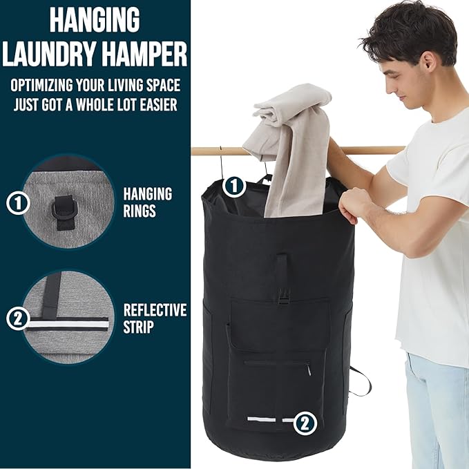 Laundry Backpack Heavy Duty, 115L Extra Large Laundry Bag with Straps, Dorm Room Essential for Guys, Backpack Laundry Bags with 4 Pockets, Laundry Hamper Bags for College Dorm, Apartment, Laundromat