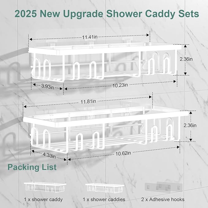 2025 New Adhesive Shower Caddy, Shower Shelves with 16 Hooks, White 2 Pack
