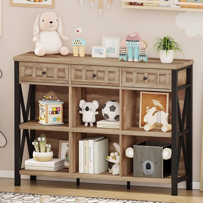 FATORRI Rustic 6 Cube Storage Organizer Shelf with 3 Drawers, Long Horizontal Bookshelf, Industrial Wood and Metal Cubby Bookcase for Living Room (Rustic Oak, 47 Inch)