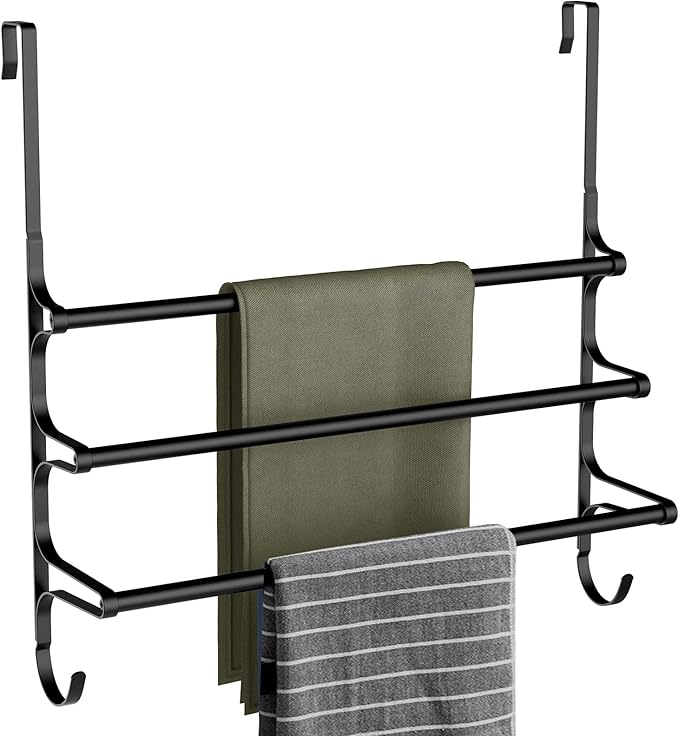 Over The Door Towel Rack, Extendable Triple Towel Storage Holder with Hooks, 24.02 Inches Towel Bar Hanger Towel Racks for Bathroom (Black)