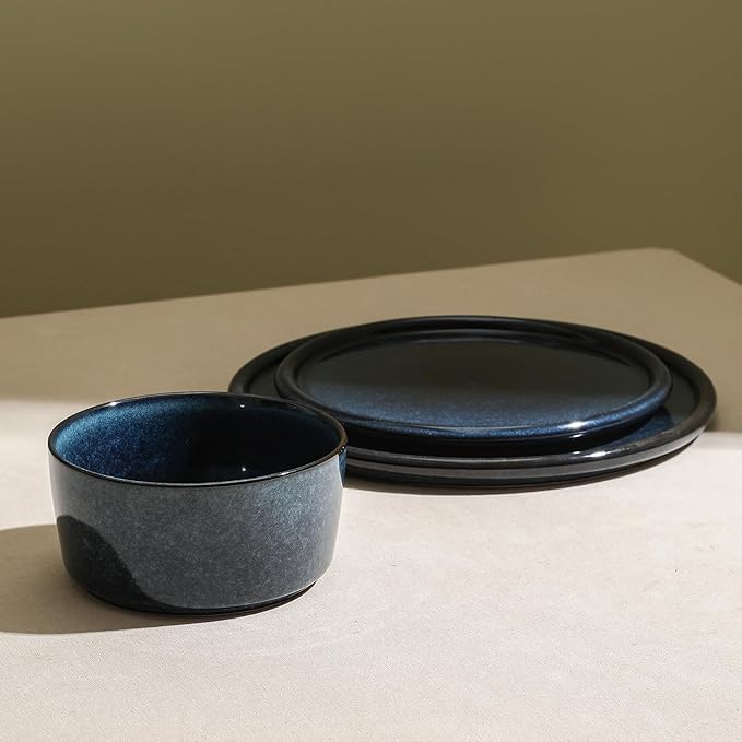 Stone Lain Eden 12-Piece Dinnerware Set Stoneware, Plates and Bowls Set, Dishwasher and Microwave Safe Dish, Dish Set for 4, Dark Blue