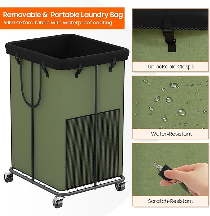 150L Laundry Hamper with Wheels, Rolling Laundry Basket with Metal Frame and Removable Bag, Large & Tall Dirty Clothes Hampers for Bedroom Aesthetic, Laundry Room, Bathroom, Dorm-Green