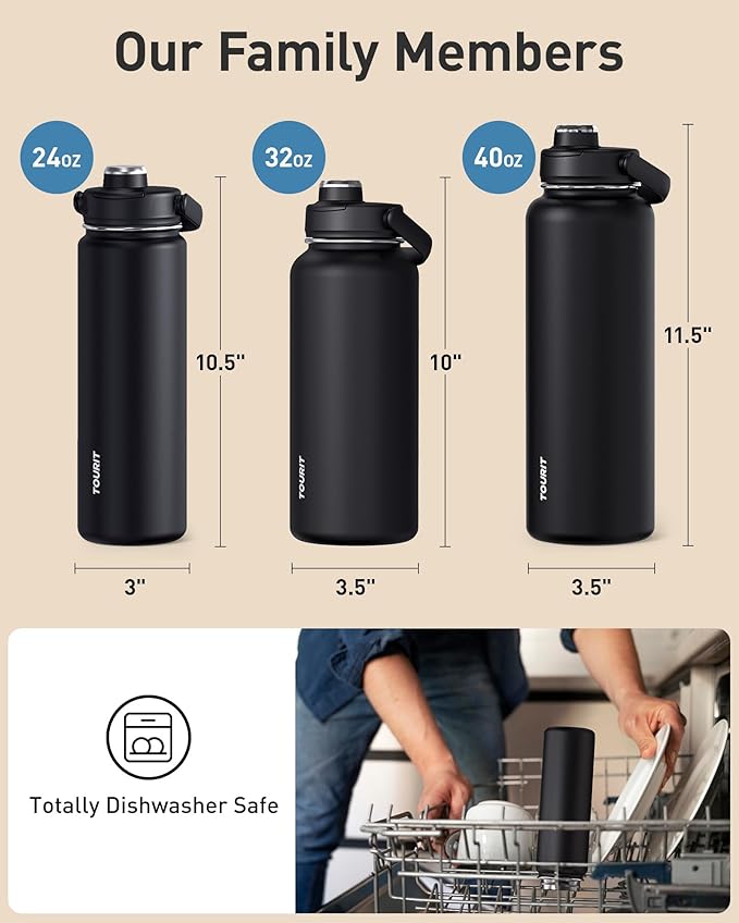 TOURIT 40 oz Insulated Water Bottle, Stainless Steel Sports Water Bottles With Top Handle, Double-Wall Travel Thermal Water Flask, BPA Free Leakproof Water Bottle for Sports, Midnight Blue