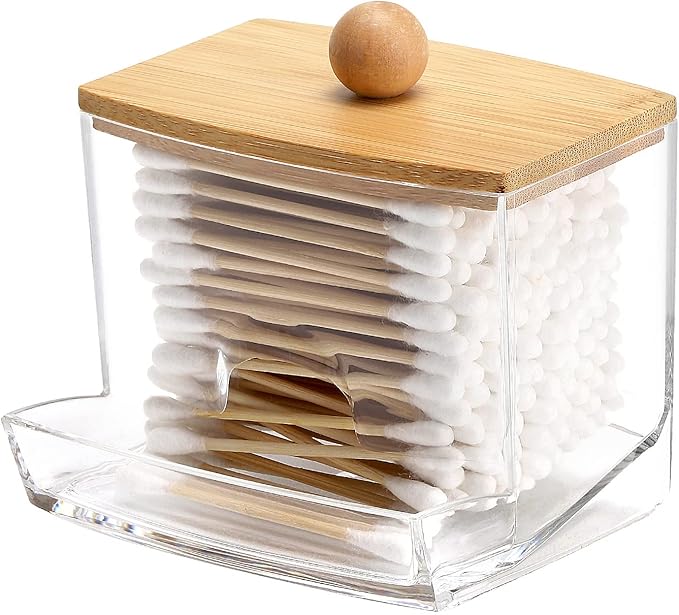 Tbestmax 10oz Qtip Holder Dispenser with Bamboo Lids, Big Clear Bathroom Organizer Accessories Decor for Storage-Qtips Cotton Ball Holder Apothecary Jars, Cotton Swabs, Floss Container