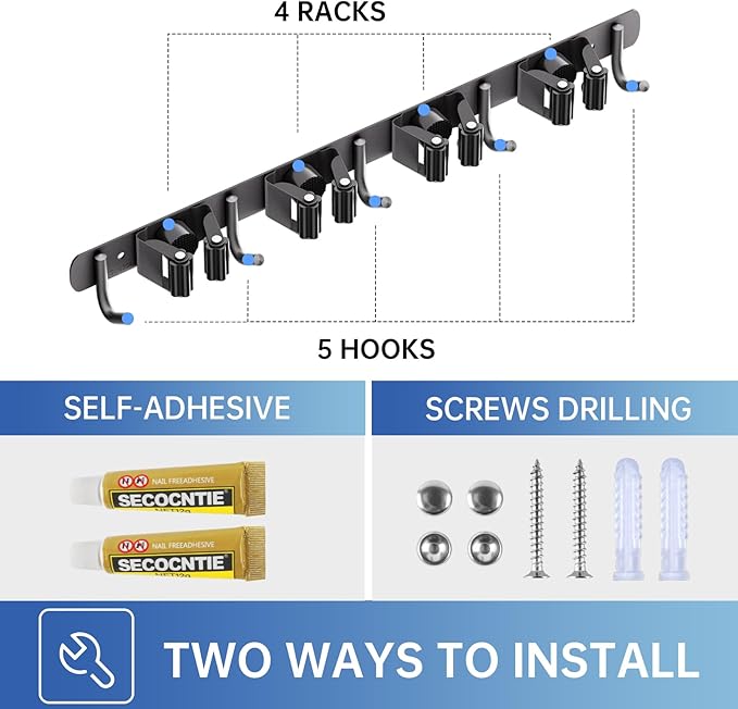 ZONGOOL 4 Racks and 5 Hooks Broom Holder Wall Mount Mop Hanger Wall Mount Metal Organization Tool Organizer Wall Hanging for Home Kitchen Garden Laundry Garage (Black)