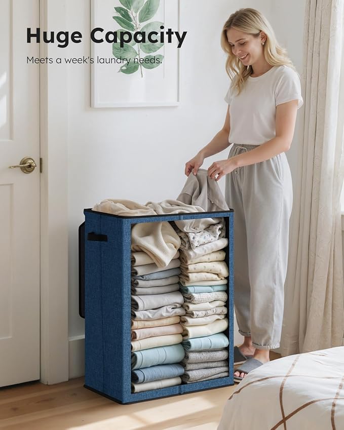 SOLEDI Laundry Hamper with Lid 130L Large & Tall Collapsible Laundry Basket, Clothes Hamper with Bag Removable Easy to Carry, Dirty Hampers for Bedroom, Bathroom, Dorm, College, Blue