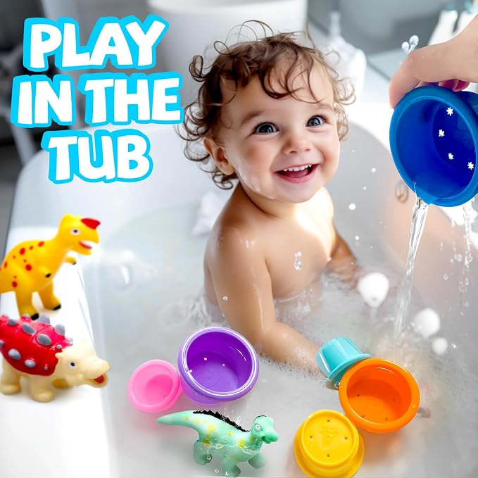 Hely Cancy No Hole Baby Dinosaur Bath Toys for Toddler, Mold Free Kids Bathtub Pool Toys (Dino+Cup)