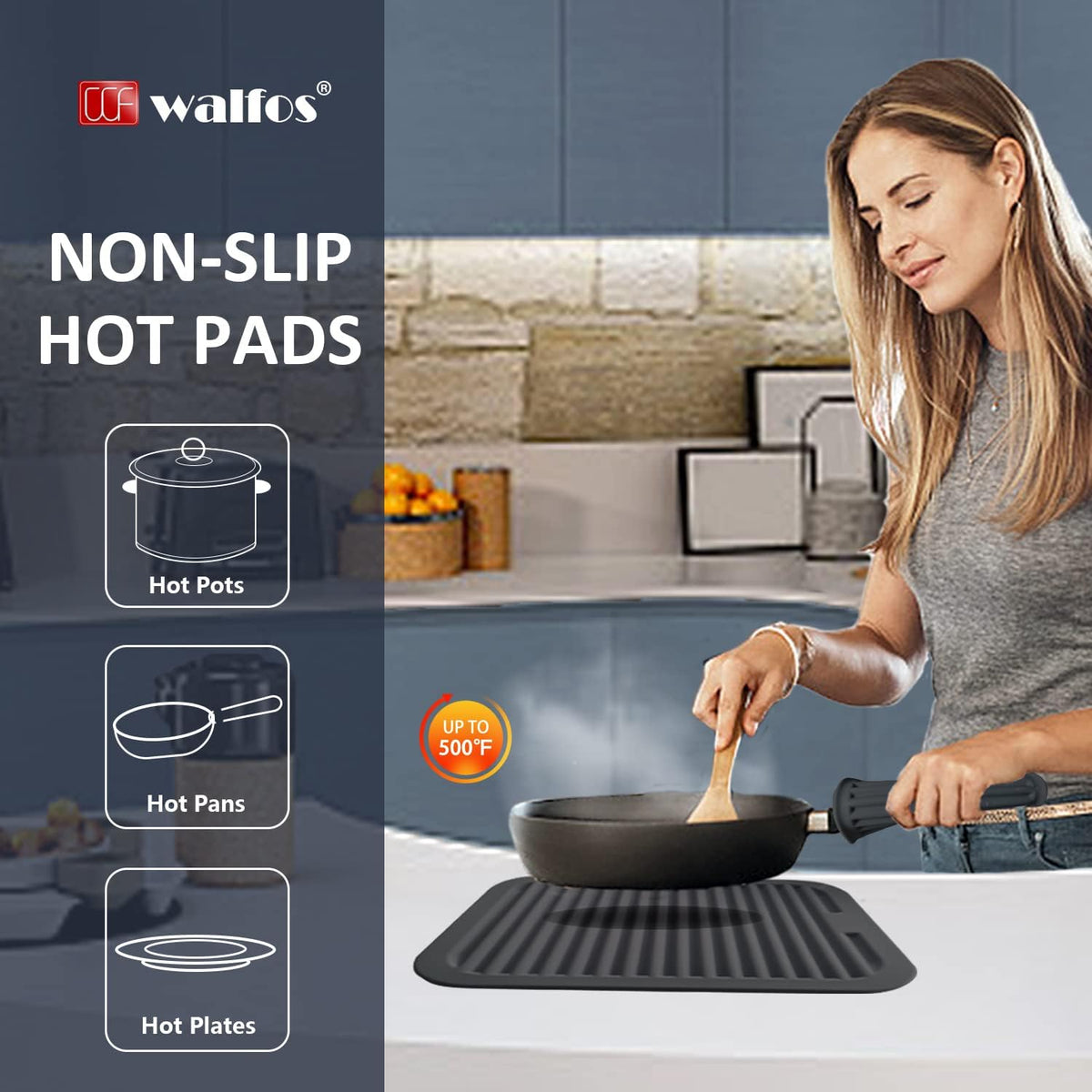Walfos Trivets for Hot Dishes, Multi-Purpose Silicone Trivet, Heat Resistant Pot Holders for Kitchen, Non-Slip Hot Pads for Hot Pots and Pans, Quartz Countertops, 4 Pack, Black