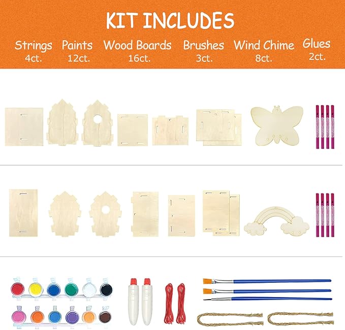 Crafts for Kids Ages 4-8 - 4 Pack DIY Bird House Wind Chime Kit - Build and Paint Birdhouses Wooden Arts Kits Easter Basket Stuffers Gifts for Girls Kids Boys Toddlers Ages 3-5 4-6 6-8 8-12