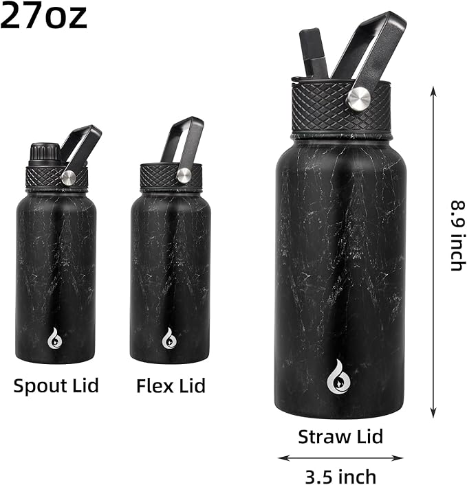 BJPKPK Insulated Water Bottles with Straw Lid, 27oz Stainless Steel Water Bottle with 3 Lids, Leak Proof BPA Free Metal Thermo, Mugs, Tumblers, Keep Cold Hot -Midnight
