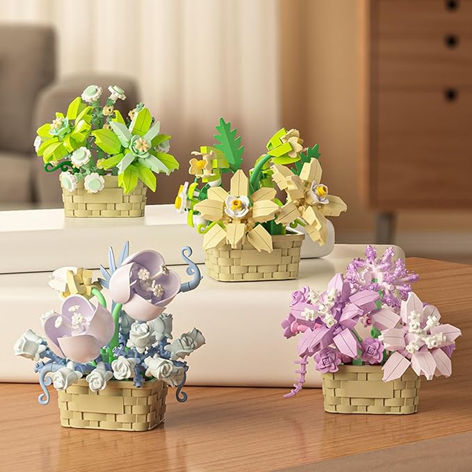 Mini Flowers Building Block Set,Flower Blocks Toys,Plants and Succulent Toys,Building Block Flowerpot，Botanical Collection Birthday Gift for Girls Boys Adults Kids Ages 6+ (Violet 201Pcs)