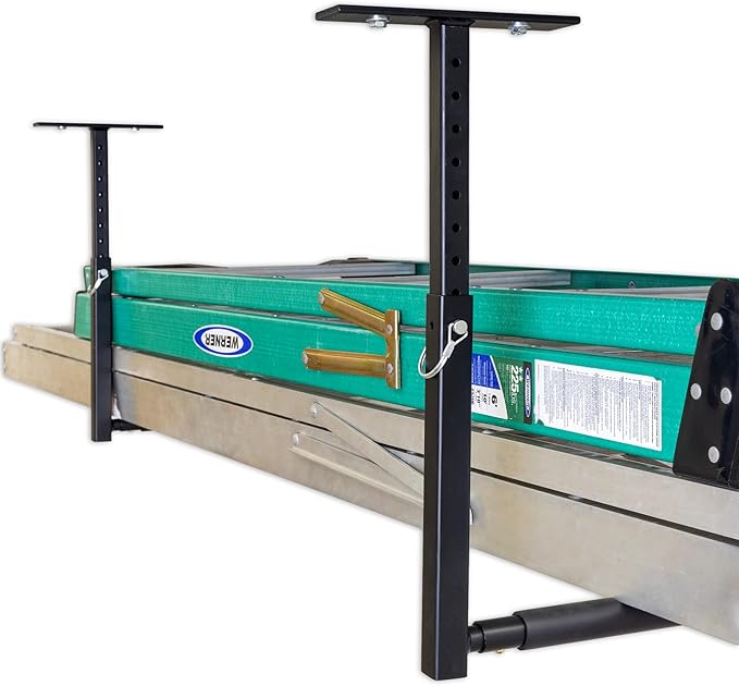 StoreYourBoard Adjustable Overhead Ladder Rack – Garage Organizer Ladder Shelf for Step & Extension Ladders - Storage Racks and Shelving for Garage Organization - Ceiling Mounted - Holds 75 lbs
