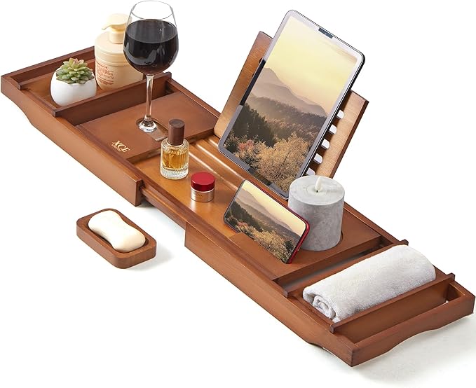 XcE Bamboo Bathtub Caddy Tray - Expandable to 41 Inches with Book Stand, Soap Holder & Anti-Slip Pads for Luxury Bath Spa, Brown