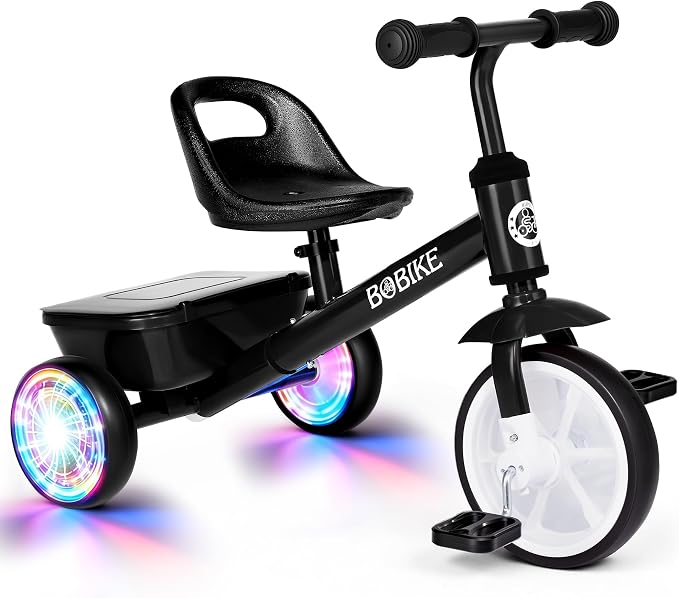 Bobike Toddler Tricycle for Ages 2-5 Years, Tricycle with 2 LED Light Wheels, Toddler Bike with 3-Position Seat and Rear Basket, Kids Bike Gift for Boys & Girl (Black)