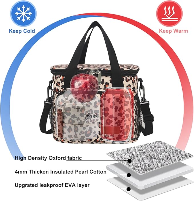 Femuar Lunch Bags for Women/Men, Insulated Lunch Bag for Work Office Picnic - Lunch Cooler Bag Leakproof Lunch Box with Adjustable Shoulder Strap - Leopard Print