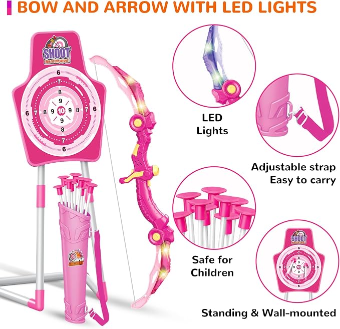 GMAOPHY 2 Pack Bow and Arrow Toy for 5 6 7 8 9 10 11 12 Year Old Boys, Birthday for Kids, Indoor Outdoor Sport Games Toys for Ages 4-8 8-12, LED Light Up Archery Set with 20 Toy Arrows (Pink)