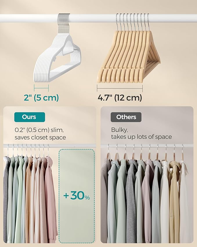 SONGMICS Pack of 50 Coat Hangers, Space-Saving Plastic Clothes Hangers, Non-Slip, 0.2 Inches Slim, 16.5 Inches Wide, 360° Swivel Silver Hook, White UCRP20WT50