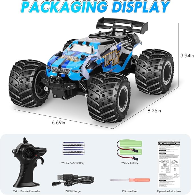 Remote Control Car, Remote Control Truck, 2.4Ghz All Terrain Off-Road Monster Truck, 20 KM/H Rc Cars with LED Bodylight and 2 Rechargeable Batteries Toys for Boys