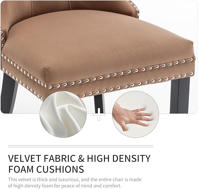 Velvet Dining Chairs Set of 2, Upholstered Dining Room Chairs with Nailhead Trim, Sillas de Comedor Modernas 2, Wooden Kitchen Chairs for Dining Room, Living Room, Kitchen, Bedroom, Brown