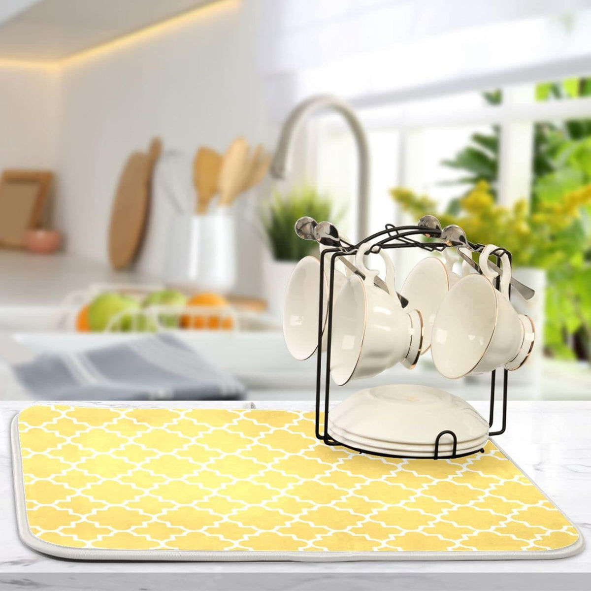 senya Super Absorbent Dish Drying Mat, Microfiber Fast-Drying Dish Mat, 16/'' x 18/'', Kitchen Dish Drying Pad, Quatrefoil Lattice Yellow Pattern, 16x18in