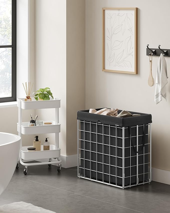 SONGMICS 29 Gal. (110L) Laundry Basket, Laundry Hamper, Collapsible Clothes Hamper, Removable and Washable Liner, Metal Wire Frame, for Bedroom Bathroom, Silver and Classic Black ULCB111B01