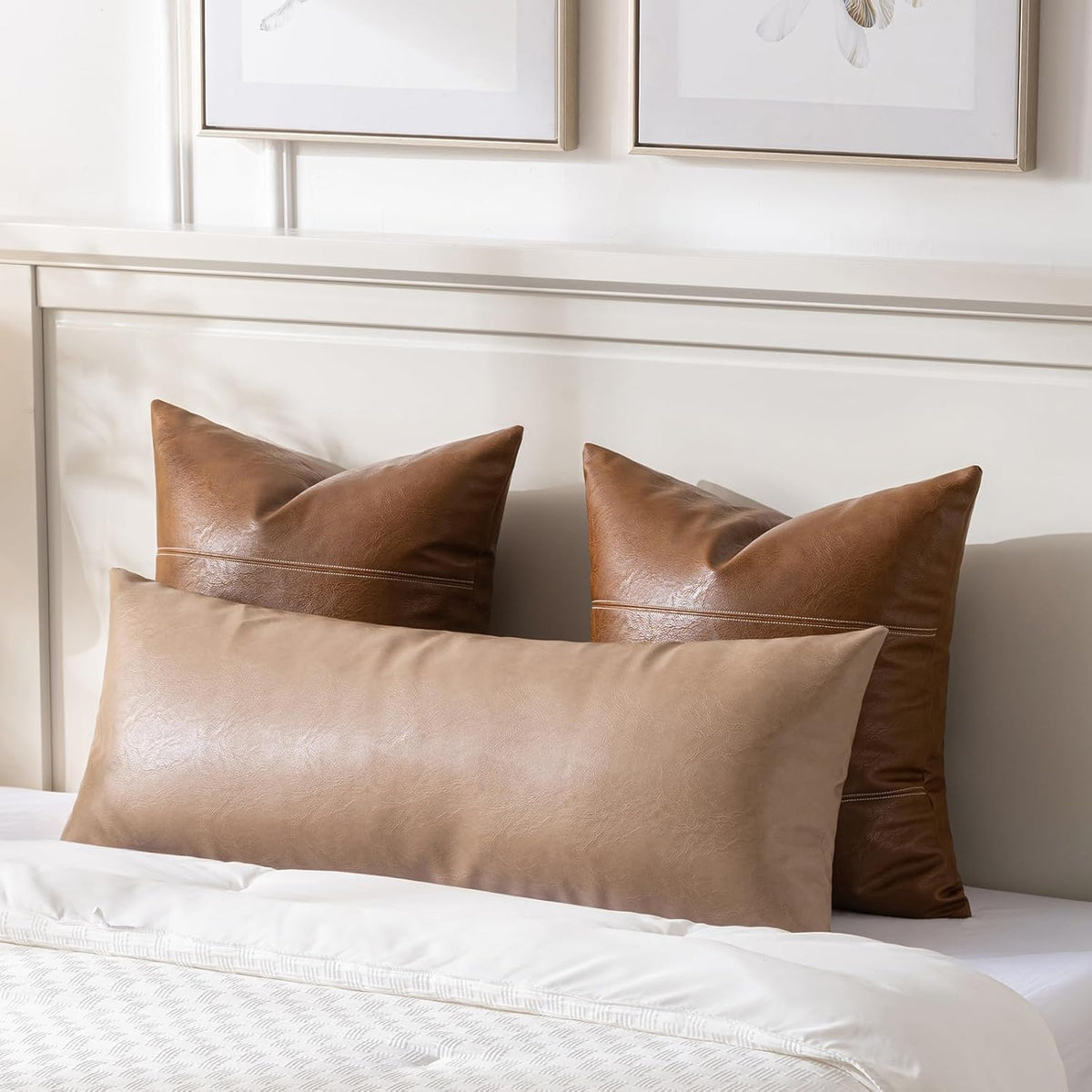 Fancy Homi Tan Boho Long Lumbar Faux Leather Body Decorative Throw Pillow Cover 14x40 Inch for Bedroom Couch Bed Sofa, Stylish Solid Rectangular Beige Pillowcase, Rustic Modern Farmhouse Room Decor