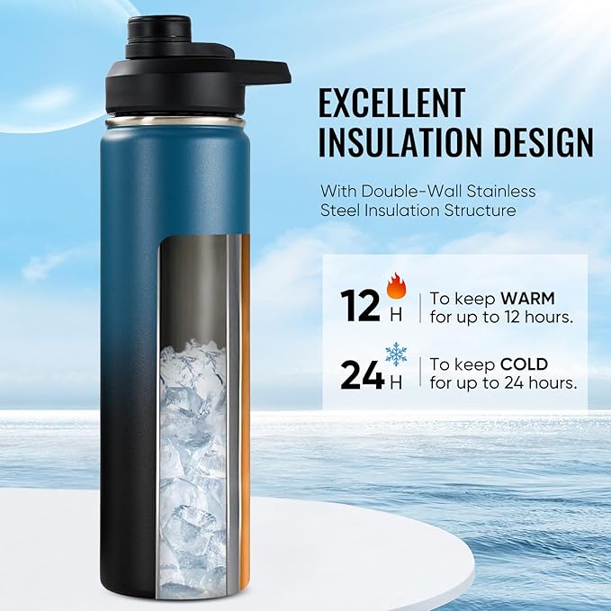 24 oz Insulated Water Bottle with Handle, 304 Stainless Steel Water Bottles with Wide Mouth, Double Wall Vacuum Sports Water Bottle, BPA Free, Keep Cold and Hot, Blue&Black