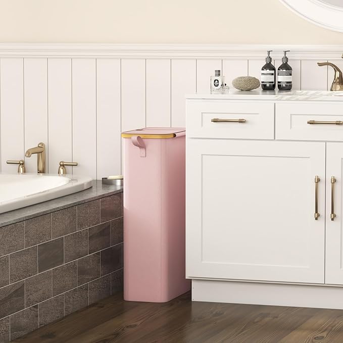 Lifewit 65L Slim Laundry Hamper with Lid, Narrow Laundry Basket with Removable Bag & Bamboo Handles, Fodable Thin Dirty Clothes Hamper for Laundry Collapsible Bin for Bathroom Bedroom Dorm, Pink