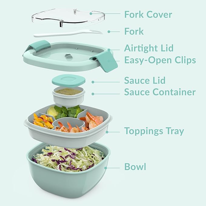 Bentgo Salad Container - 54 oz Bowl with 4-Compartment Toppings Tray, Leak-Proof Dressing Container, Reusable Fork, BPA-Free Lunch Box for Meal Prep & Food Storage; Removable Bento Tray (Coastal Aqua)