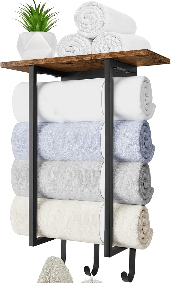 ELITEROO Towel Racks for Bathroom Wall Mounted, Towel Holder with Wooden Shelf and 3 Hooks for Washcloths Hand Towel, Bath Towel Storage Organizer for Small Bathroom, RV, Rustic Brown