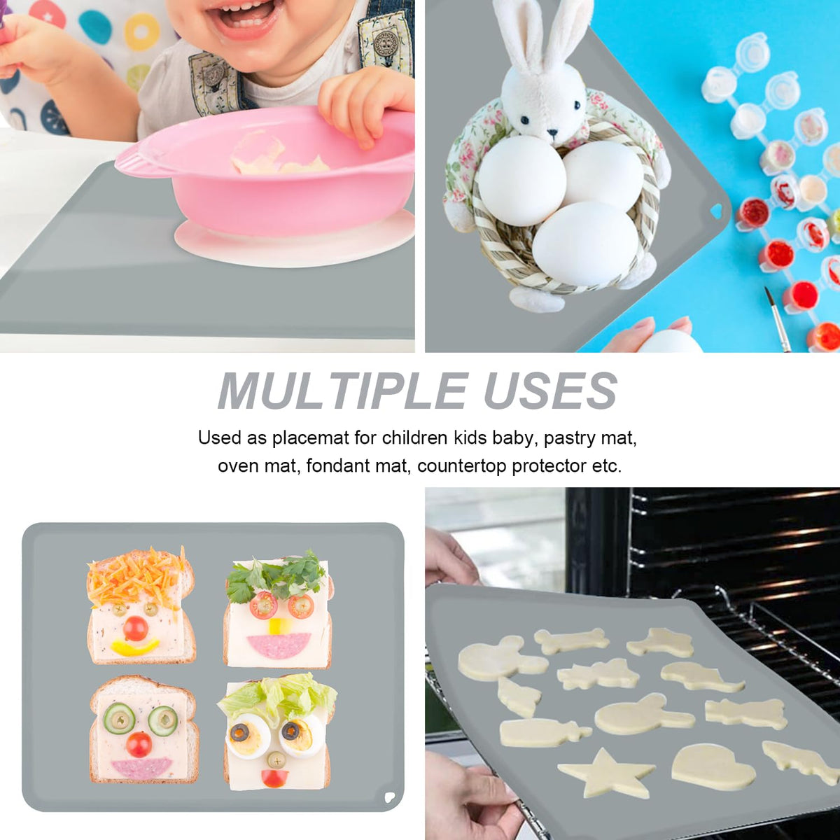 Silicone Placemat for Toddles Kids Non-Slip Reusable Portable Baby Placemats for Restaurant Stain-Proof Children Food Mats Eating Table Mat 2 Pack (Silver Gray)
