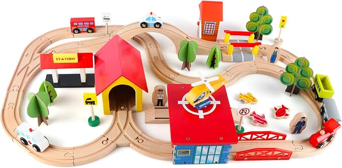 Qilay 69 PCS Wooden Train Set -Premium Wood Train Tracks & Trains Toys for Toddlers 3,4,5 Years Old, Expandable Train Toys Railway Kits for Girls Boys, Fit All Major Bands Train Tracks Set
