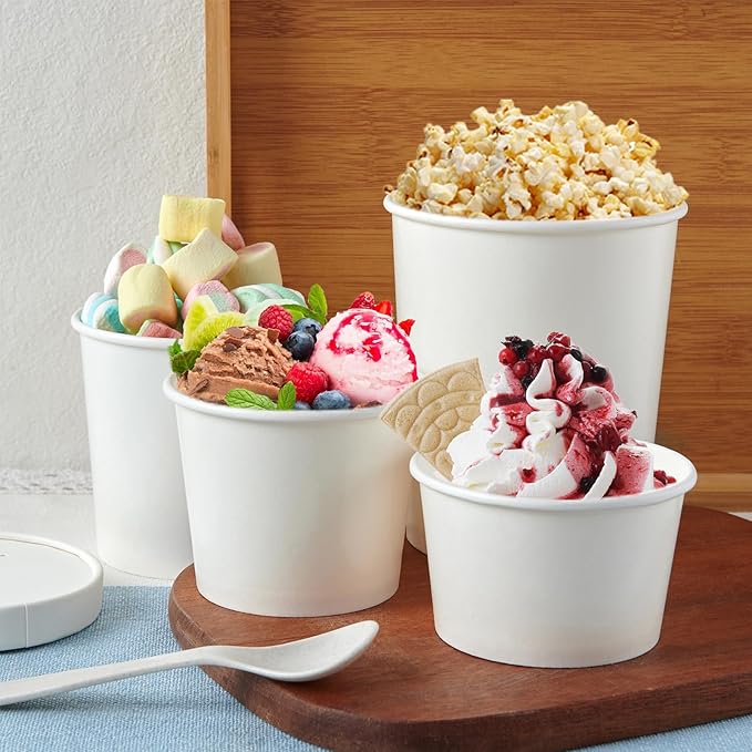 JOLLY PARTY 50pack 8oz Paper Soup Containers with Lids, Disposable Paper Food Cups, Ice Cream Cups, Food Storage with Vented Lids, Microwavable and Freezer Safe (White)
