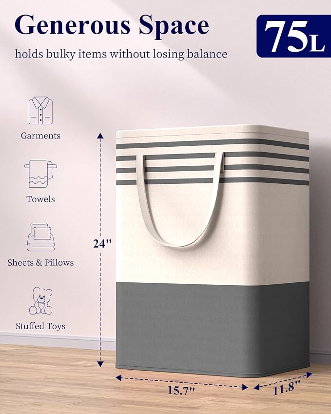 Kitsure Laundry Hamper - 2-Pack Collapsible Laundry Baskets with Well-Stitched Handles, Free-Standing Clothes Hamper with Rigid Top Edge for Household, Dorm Use, 2 x 75L, Gray