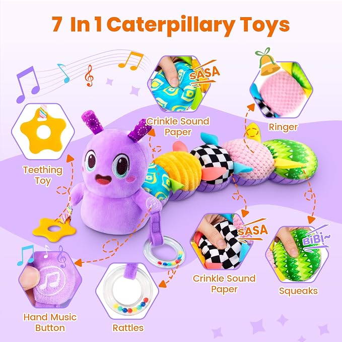 Baby Toys 0-6 Months, Washable Baby Musical Caterpillar Toys with 10 Children's Songs,Rattles,Teething Toys,Suitable for 0-6, 6-12 Months Infant Tummy Time Toy,Newborn Baby Boy&Gril Gifts(Green)