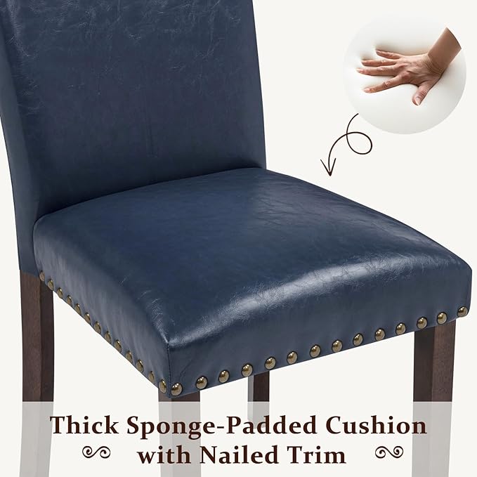 Furniliving Upholstered Dining Chairs Set of 2 - PU Leather Modern Farmhouse Kitchen Chairs, High-Back Dining Room Chairs with Wooden Legs for Kitchen Dining Room Living Room.Blue