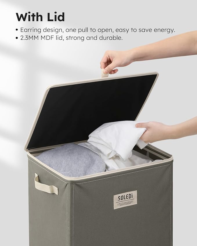 SOLEDI Laundry Hamper with Lid 100L Large & Tall Collapsible Laundry Basket, Clothes Hamper with Bag Removable Easy to Carry, Dirty Hampers for Bedroom, Bathroom, Dorm, College, Cement